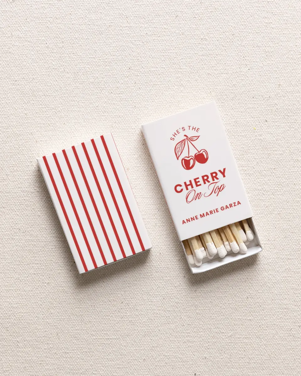 This is a 2.25" x 1.409" x .4" Wedding Matche called Cherry on Top printed in full color with Gold foil
