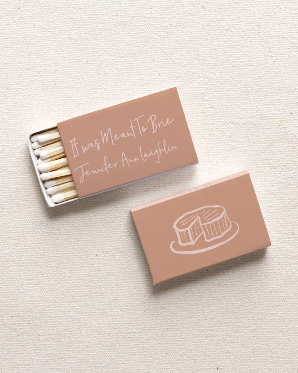 This is a 2.25" x 1.409" x .4" Wedding Matche called Meant to Brie printed in full color with Gold foil