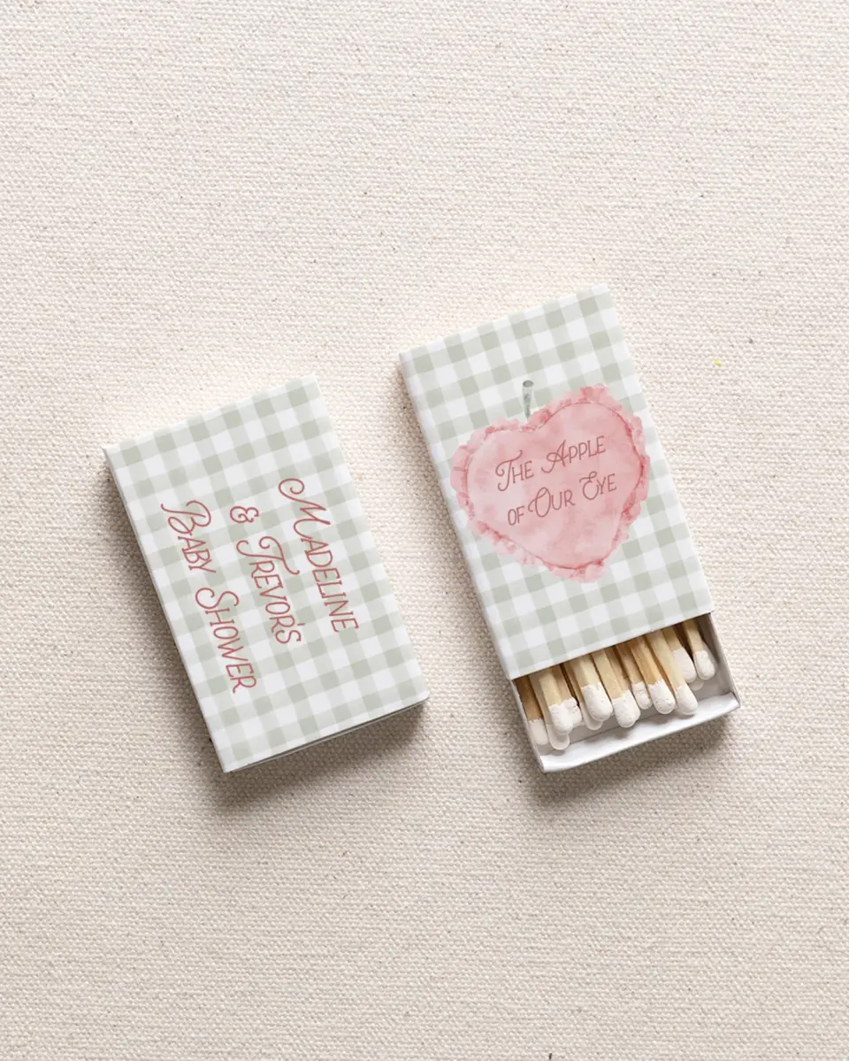 This is a 2.25" x 1.409" x .4" Wedding Matche called Apple of Our Eye printed in full color with Gold foil