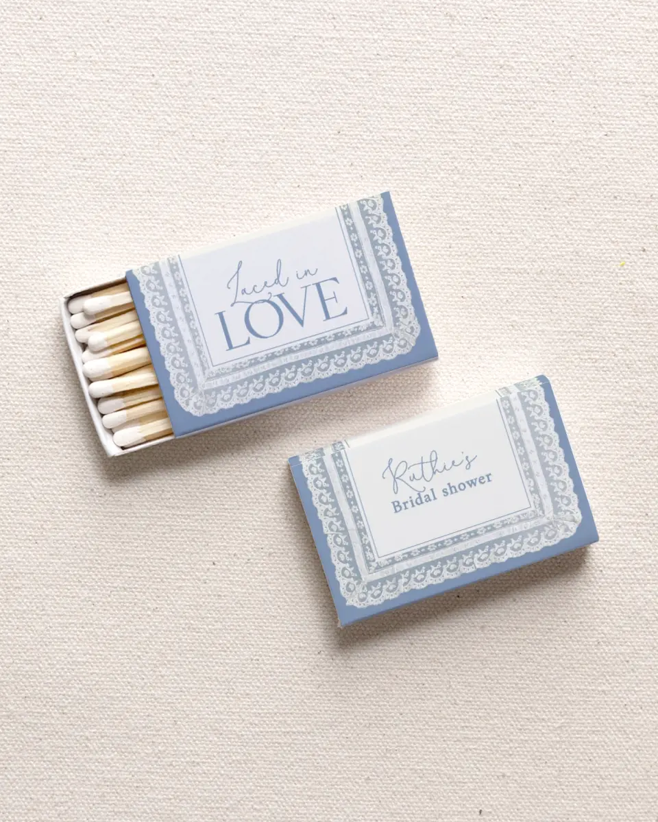 This is a 2.25" x 1.409" x .4" Wedding Matche called Laced in Love printed in full color with Gold foil