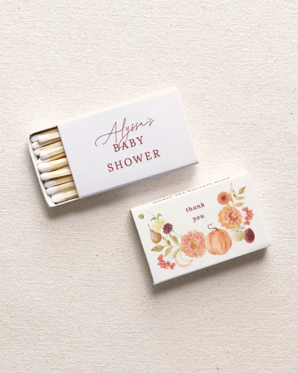 This is a 2.25" x 1.409" x .4" Wedding Matche called Harvest Moon printed in full color with Gold foil