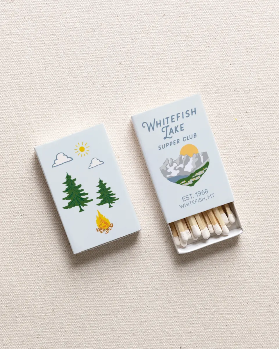 This is a 2.25" x 1.409" x .4" Business Matche called Whitefish Lake printed in full color with Gold foil