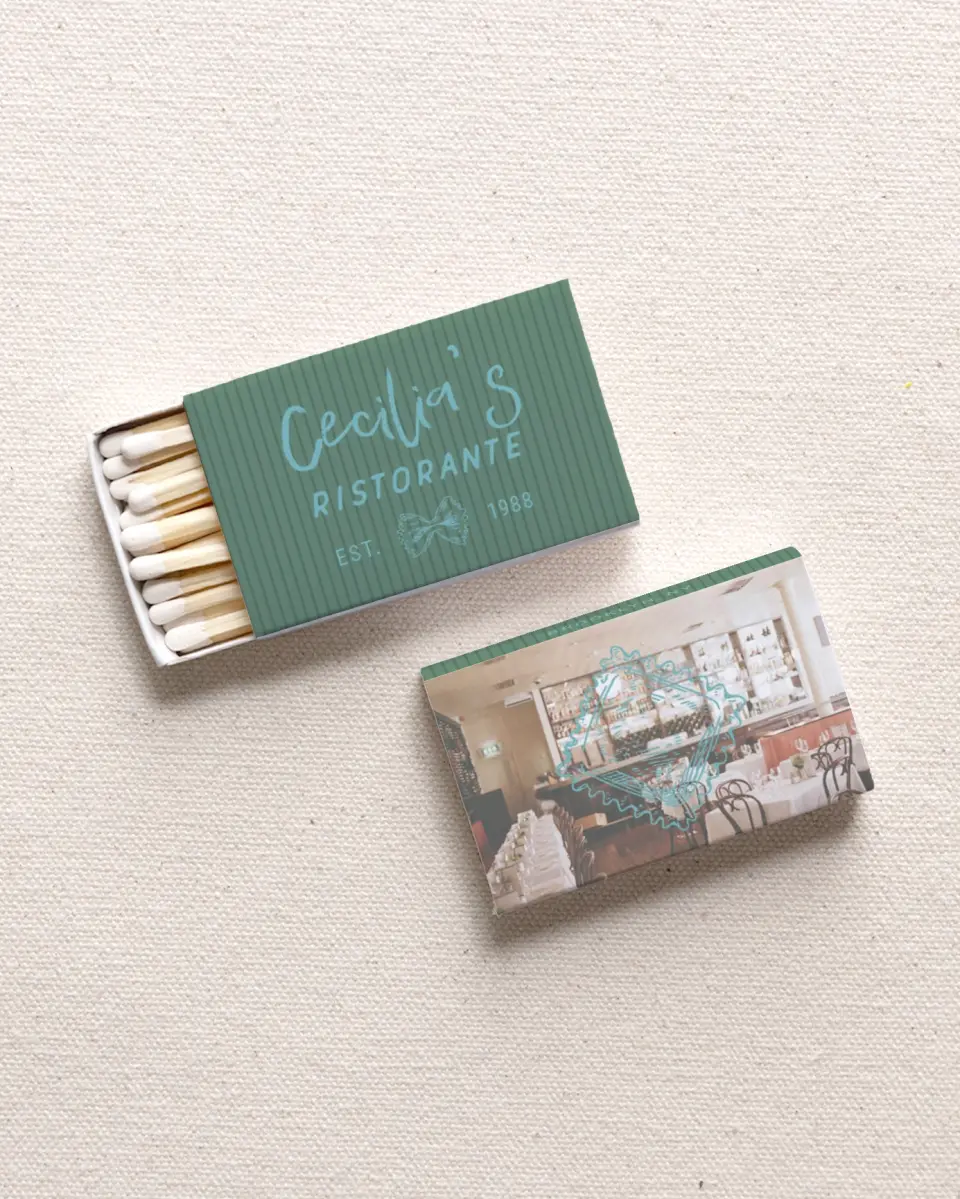 This is a 2.25" x 1.409" x .4" Business Matche called Cecilia's Ristorante printed in full color with Gold foil