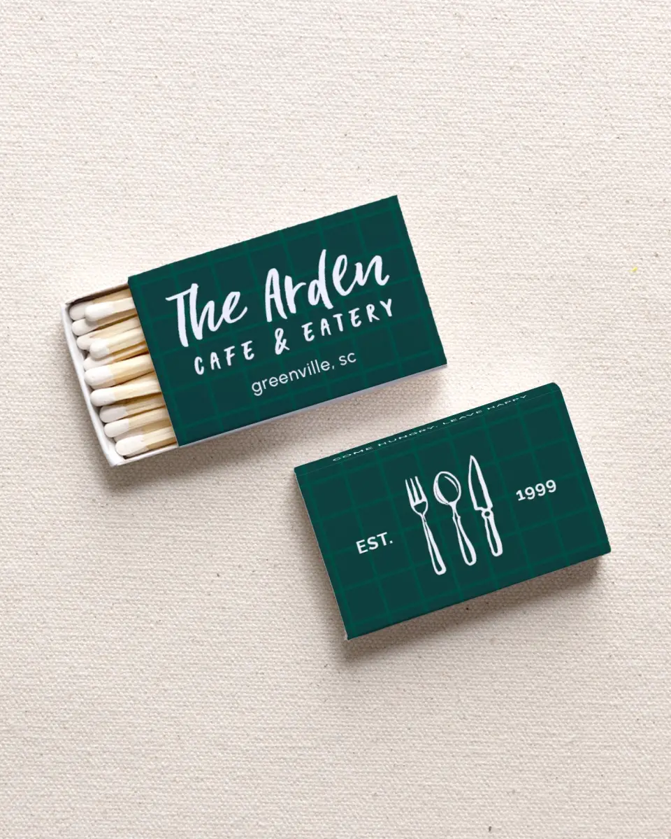 This is a 2.25" x 1.409" x .4" Business Matche called The Arden printed in full color with Gold foil