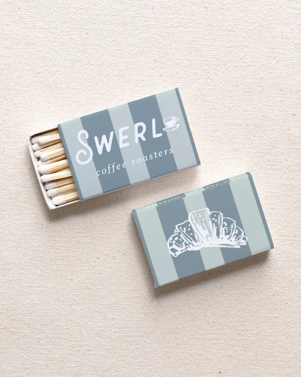 This is a 2.25" x 1.409" x .4" Business Matche called The Swerl printed in full color with Gold foil