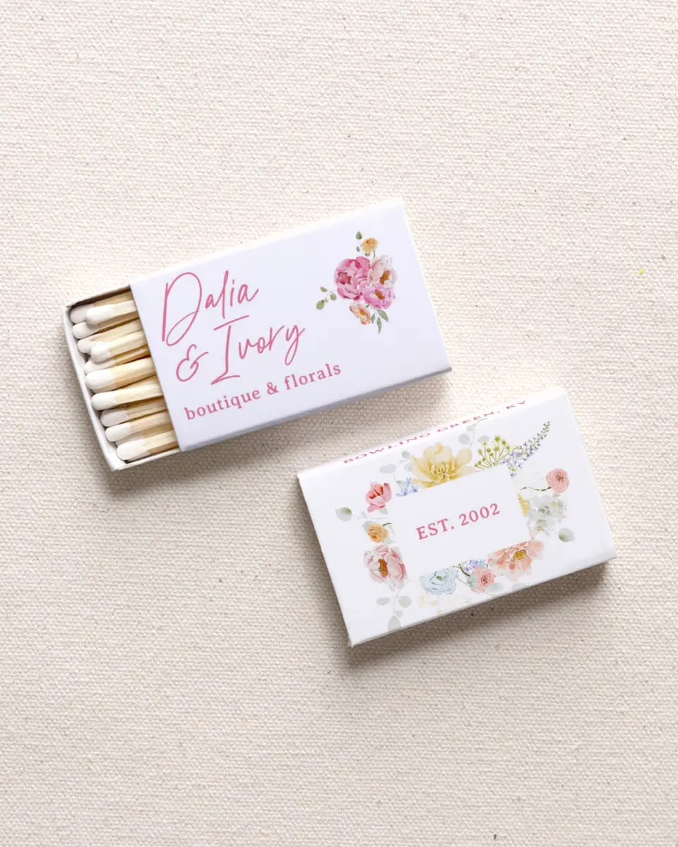 This is a 2.25" x 1.409" x .4" Business Matche called Dalia & Ivory printed in full color with Gold foil
