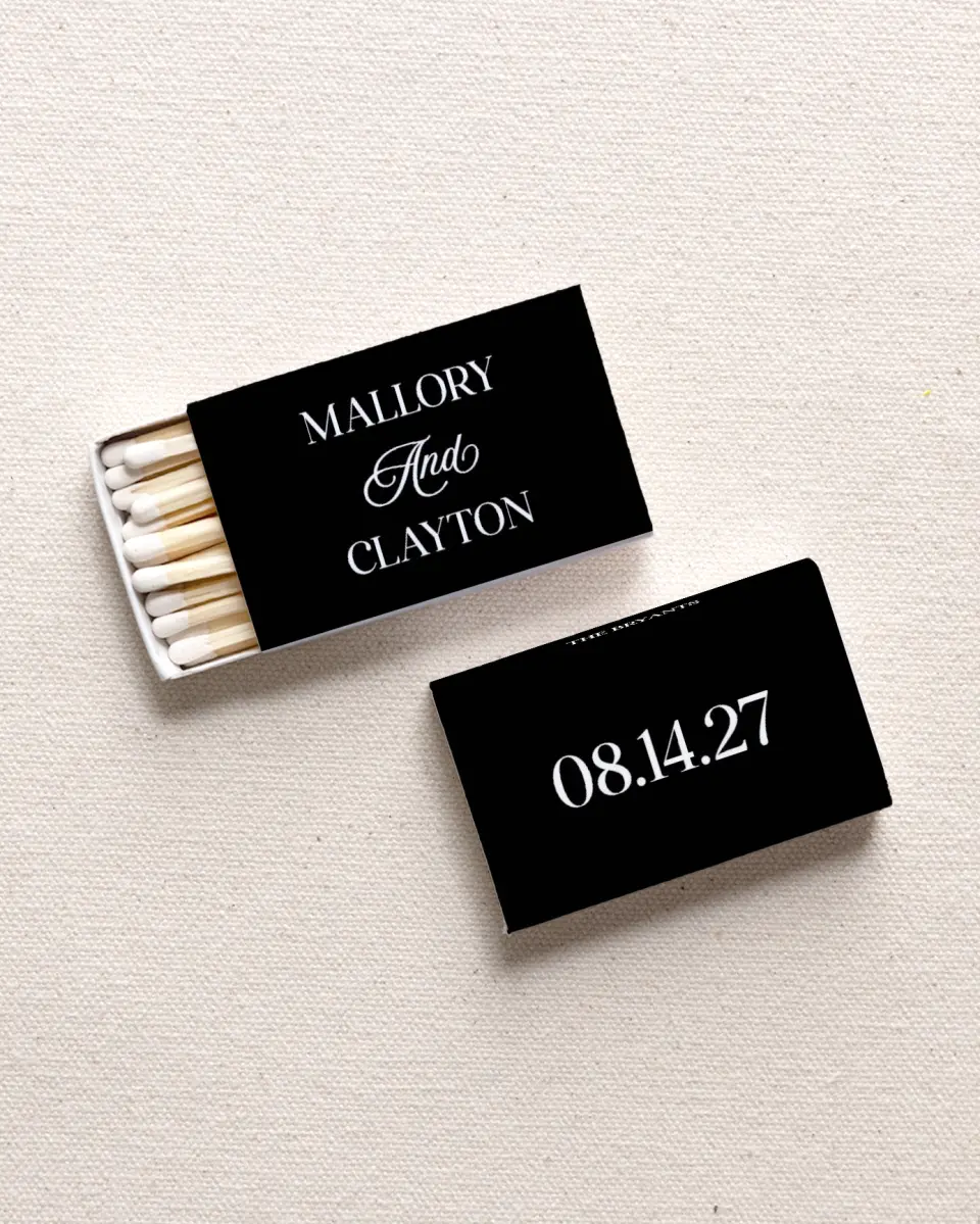 This is a 2.25" x 1.409" x .4" Wedding Matche called The Mallory printed in full color with Gold foil