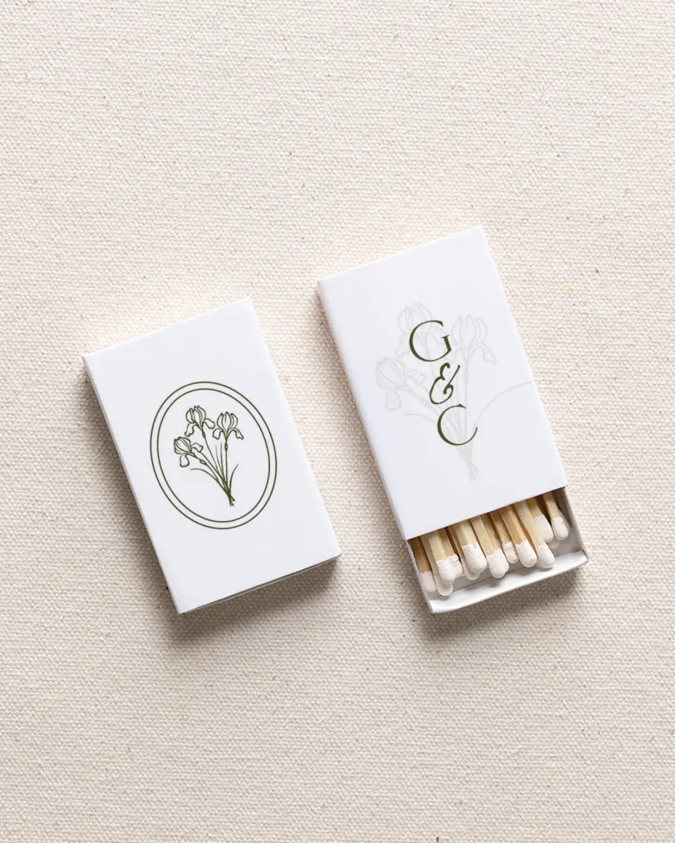 This is a 2.25" x 1.409" x .4" Wedding Matche called The Georgia printed in full color with Gold foil
