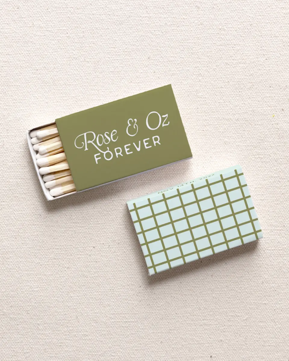 This is a 2.25" x 1.409" x .4" Wedding Matche called The Rosemary printed in full color with Gold foil