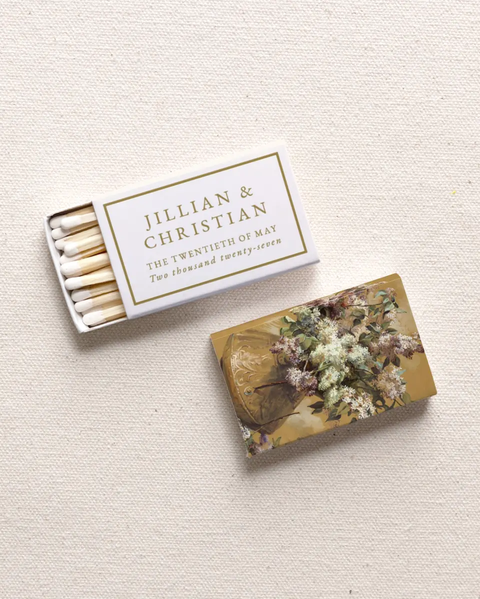 This is a 2.25" x 1.409" x .4" Wedding Matche called The Jillian printed in full color with Gold foil