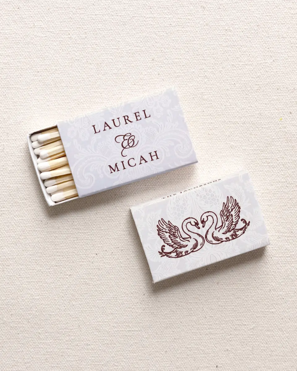 This is a 2.25" x 1.409" x .4" Wedding Matche called Swan Song printed in full color with Gold foil