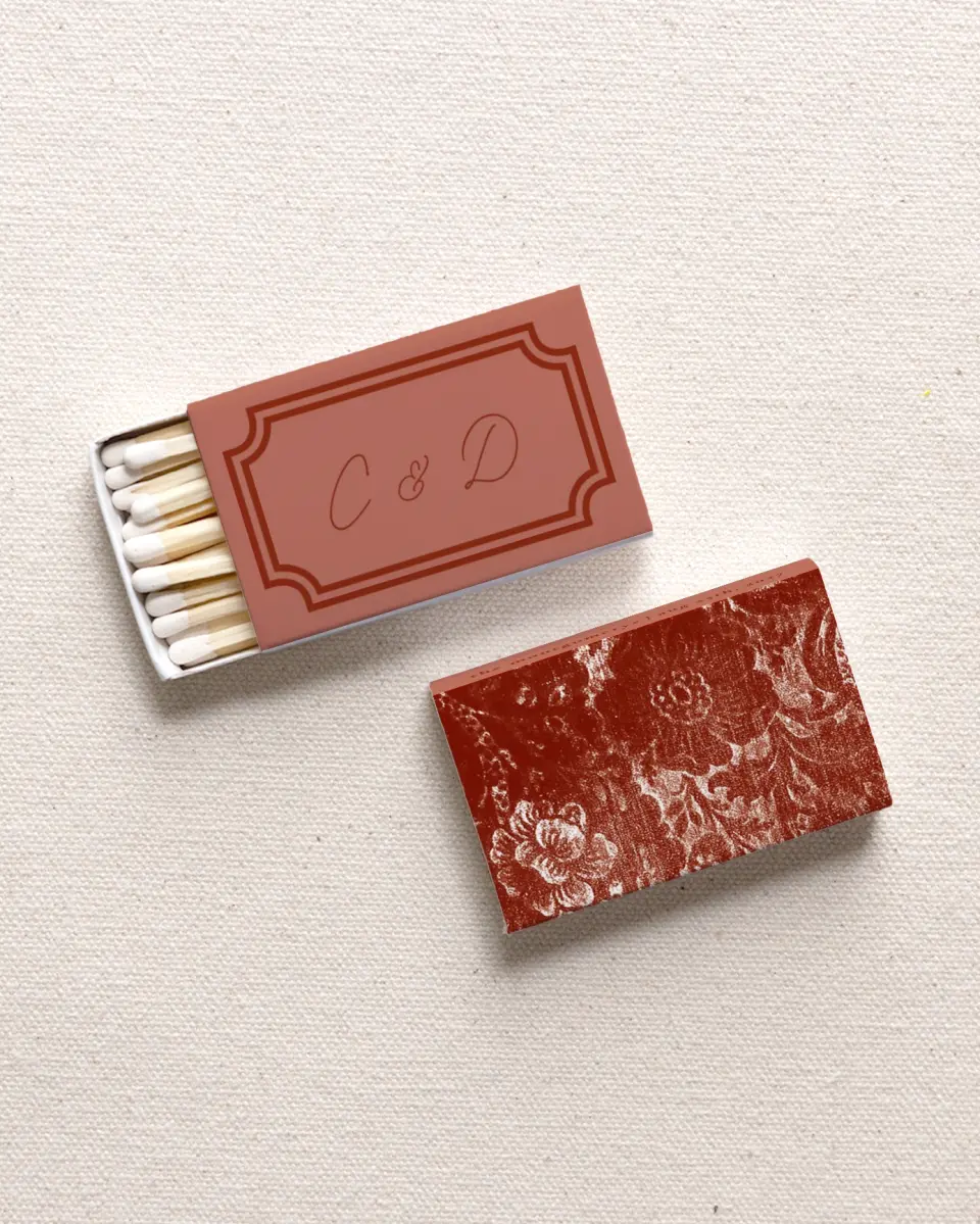 This is a 2.25" x 1.409" x .4" Wedding Matche called The Chelsea printed in full color with Gold foil