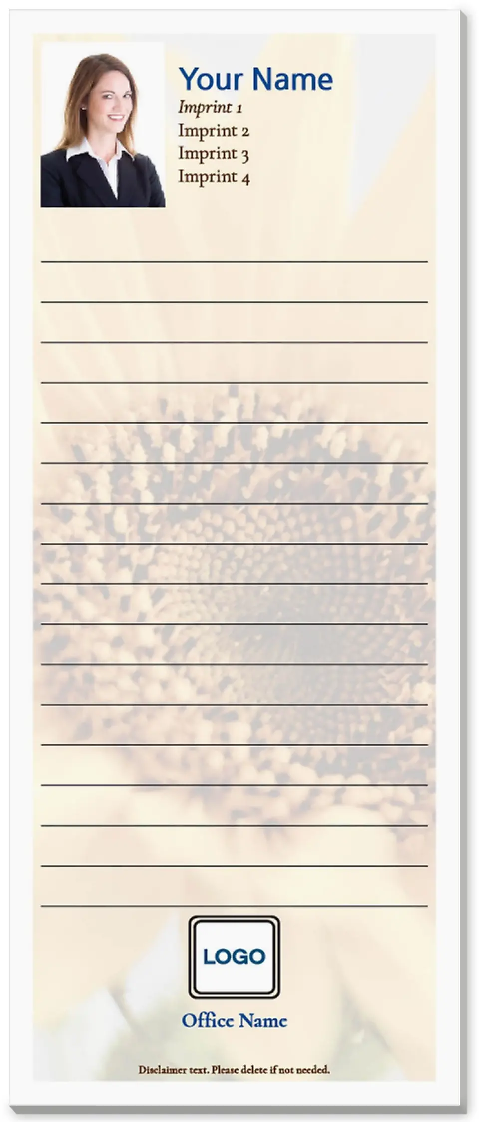 This is a 3½" x 8½" Notepad Without Magnet called Sunflower printed in full color