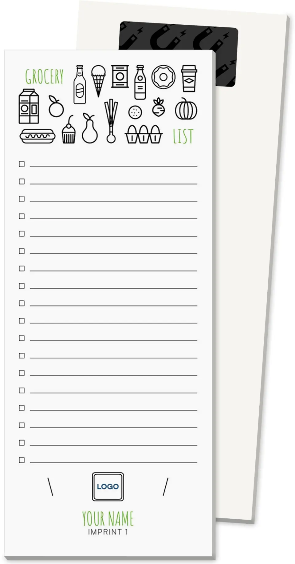 This is a 3½" x 8½" Magnetic Notepad called Line Item Grocery printed in full color