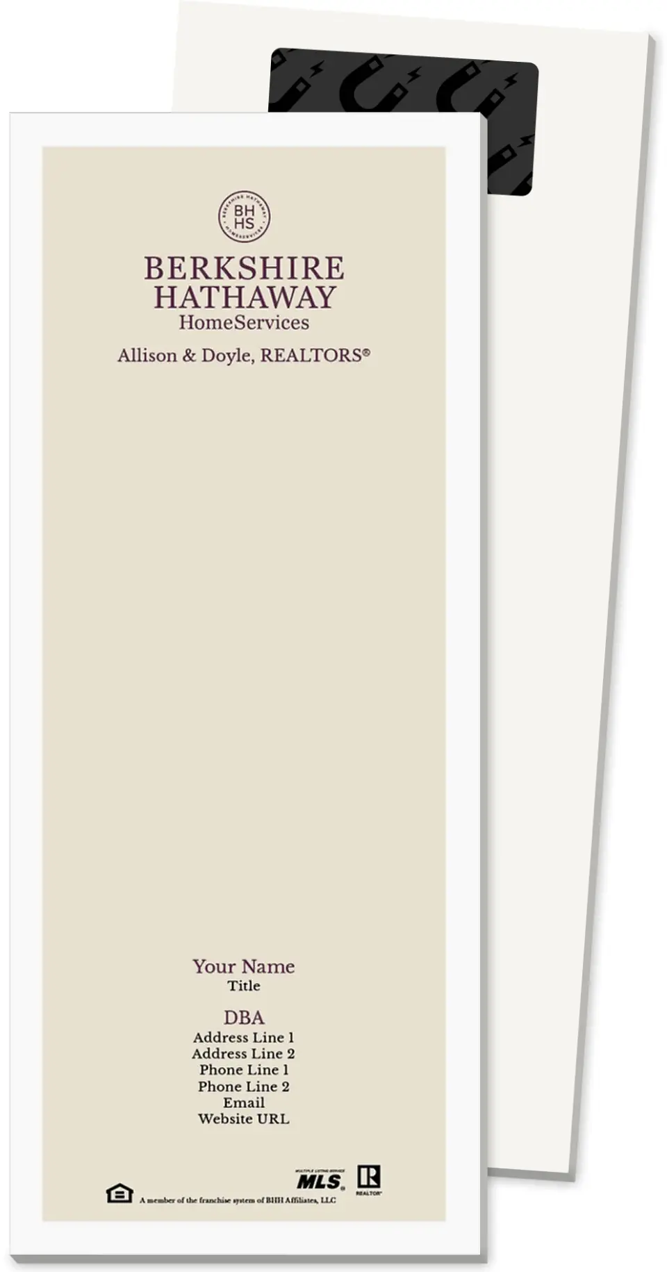 This is a 3½" x 8½" Magnetic Notepad called Berkshire Hathaway HomeServices Magnetic Notepads printed in full color