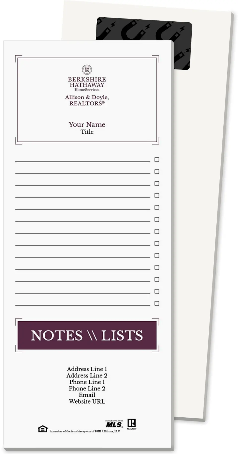 This is a 3½" x 8½" Magnetic Notepad called Berkshire Hathaway HomeServices Magnetic Notepads printed in full color