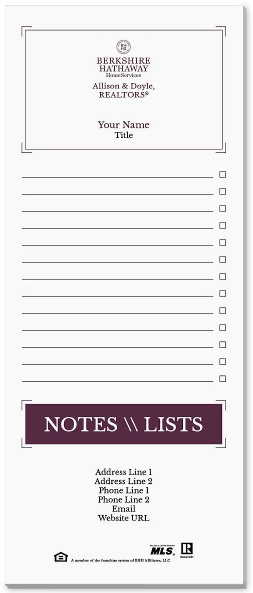 This is a 3½" x 8½" Notepad Without Magnet called Berkshire Hathaway HomeServices Notepads printed in full color