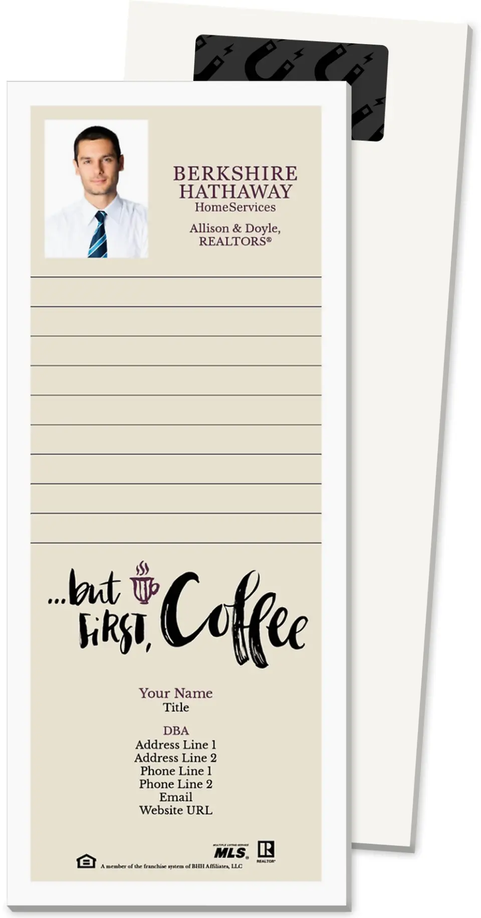 This is a 3½" x 8½" Magnetic Notepad called Berkshire Hathaway HomeServices Magnetic Notepads printed in full color
