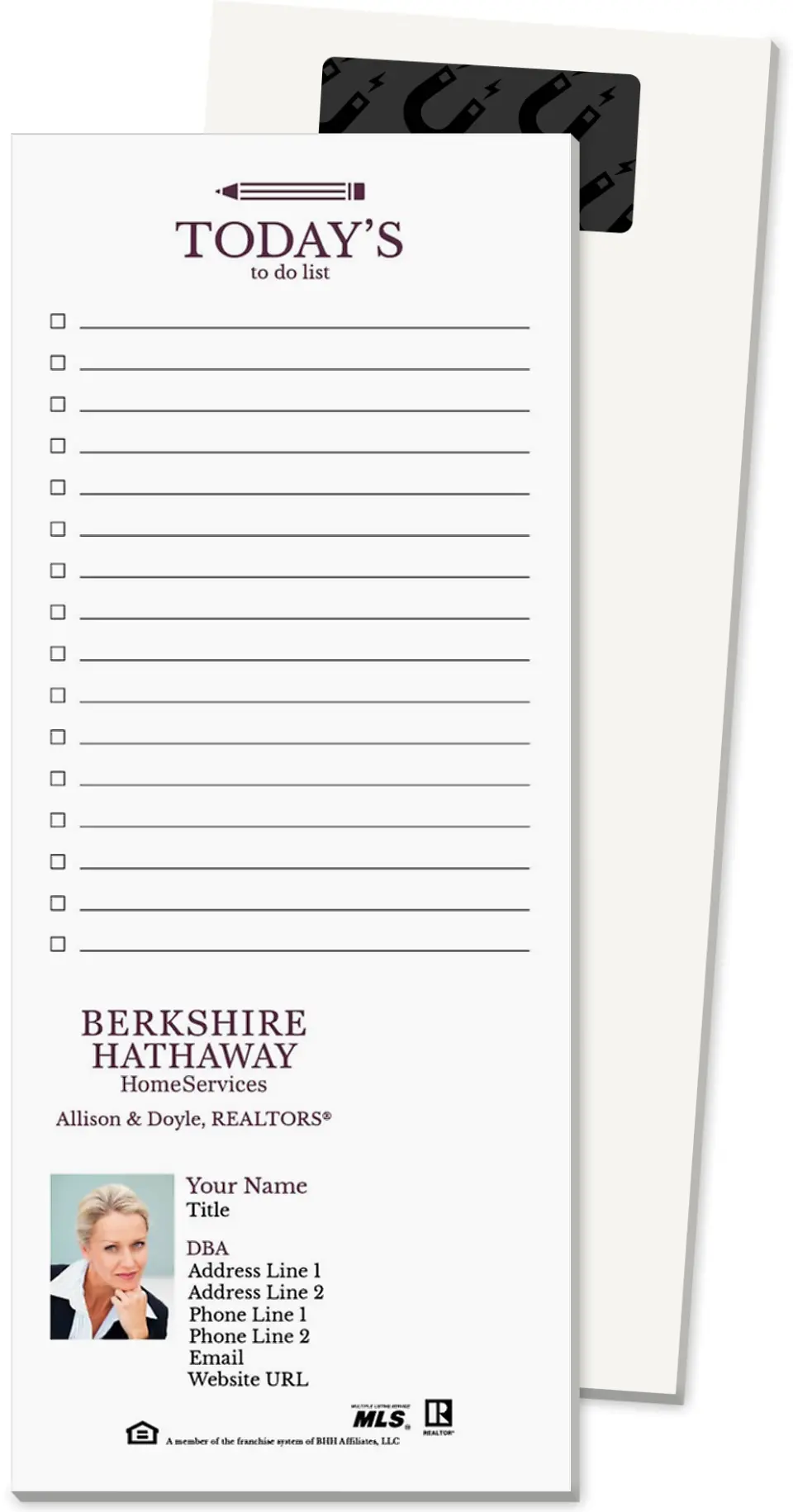 This is a 3½" x 8½" Magnetic Notepad called Berkshire Hathaway HomeServices Magnetic Notepads printed in full color
