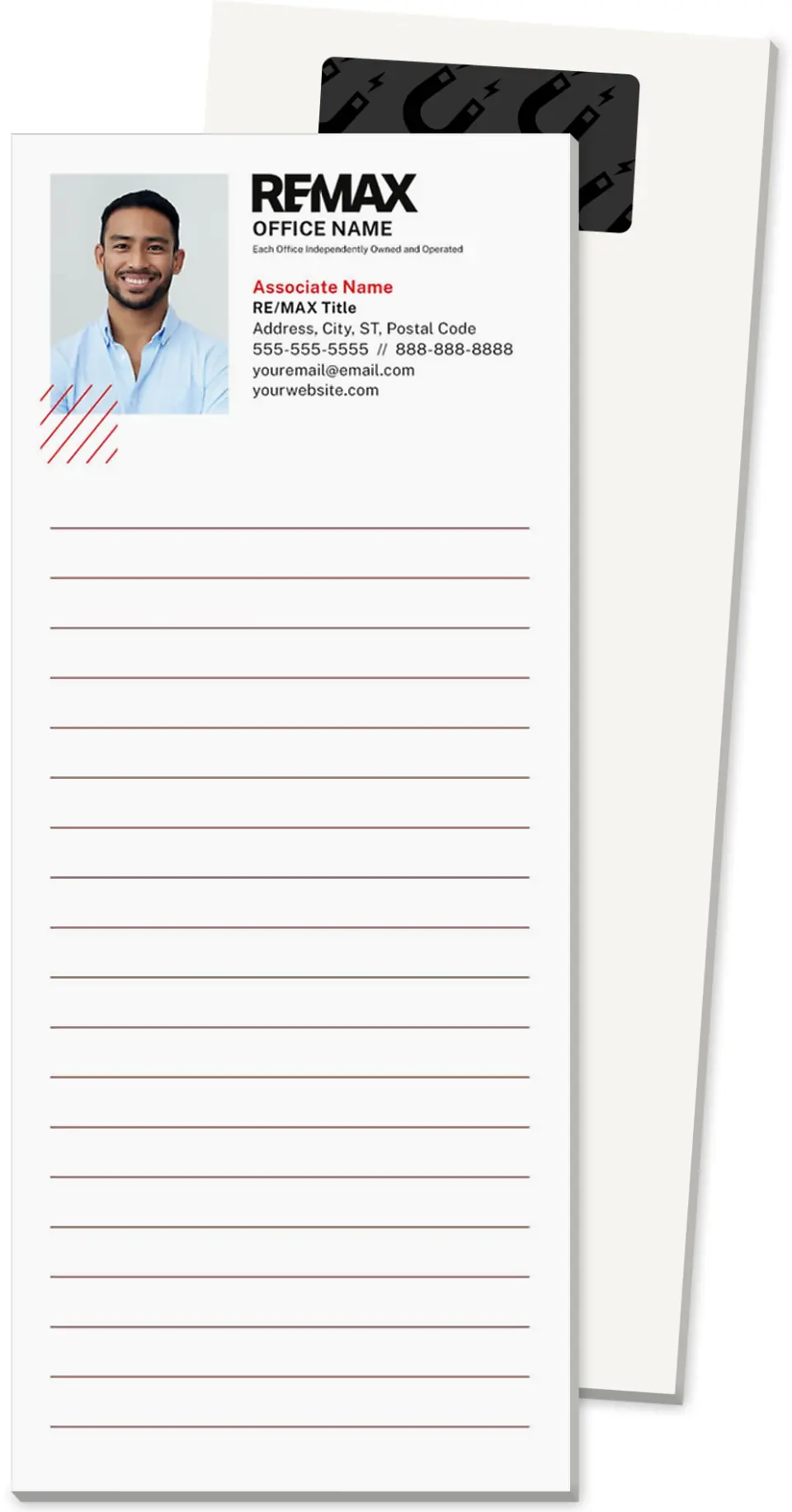 This is a 3½" x 8½" Magnetic Notepad called REMAX Modern Edge printed in full color