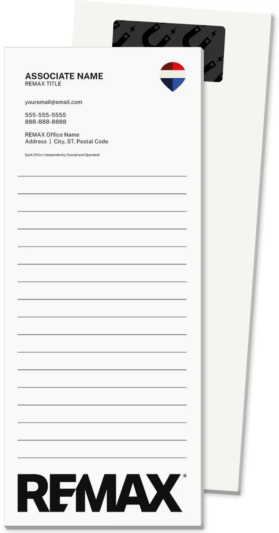 This is a 3½" x 8½" Magnetic Notepad called REMAX Bold Contrast printed in full color