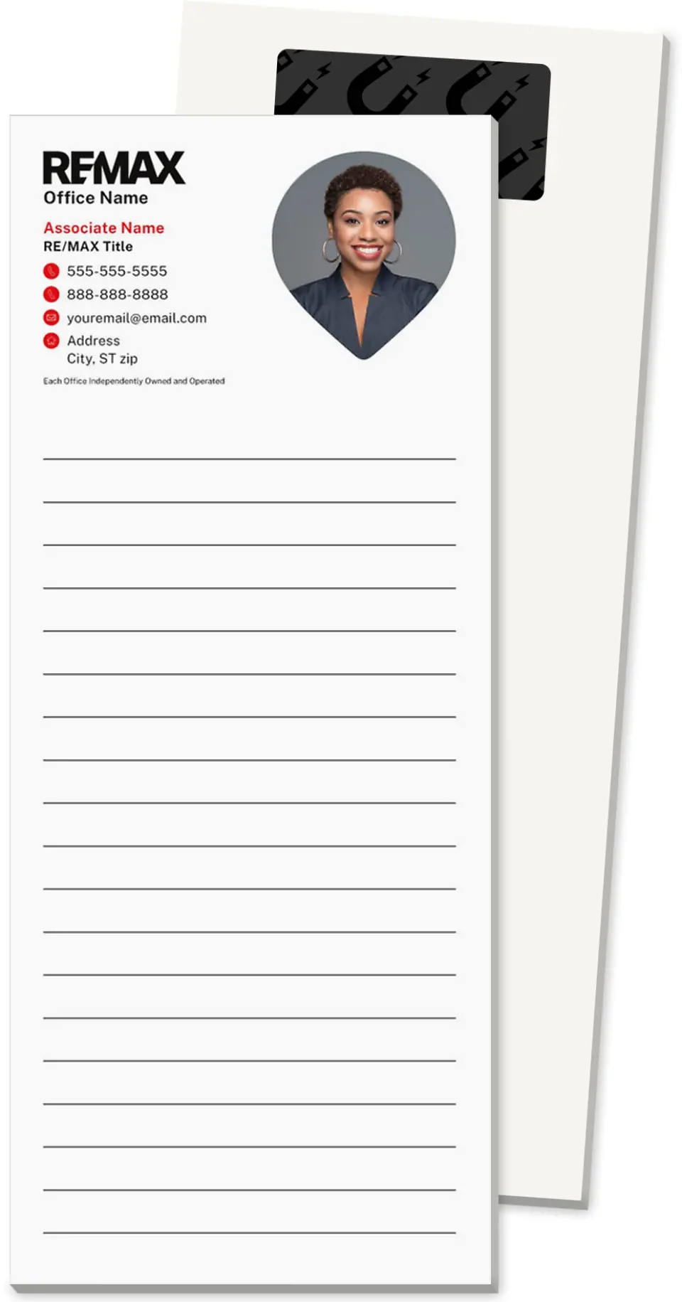This is a 3½" x 8½" Magnetic Notepad called REMAX Local Lens printed in full color
