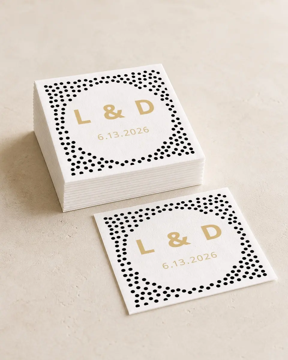 This is a 4¾" x 4¾" Wedding Napkin called Dotted Cheers! printed in full color