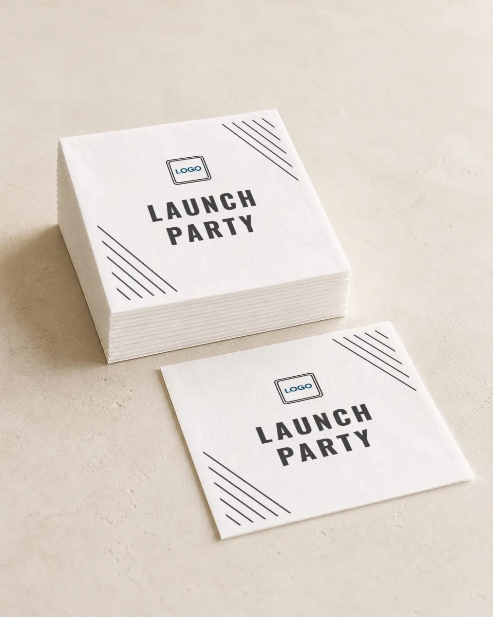 This is a 4¾" x 4¾" Gala Beverage Napkin called Grand Opening printed in full color