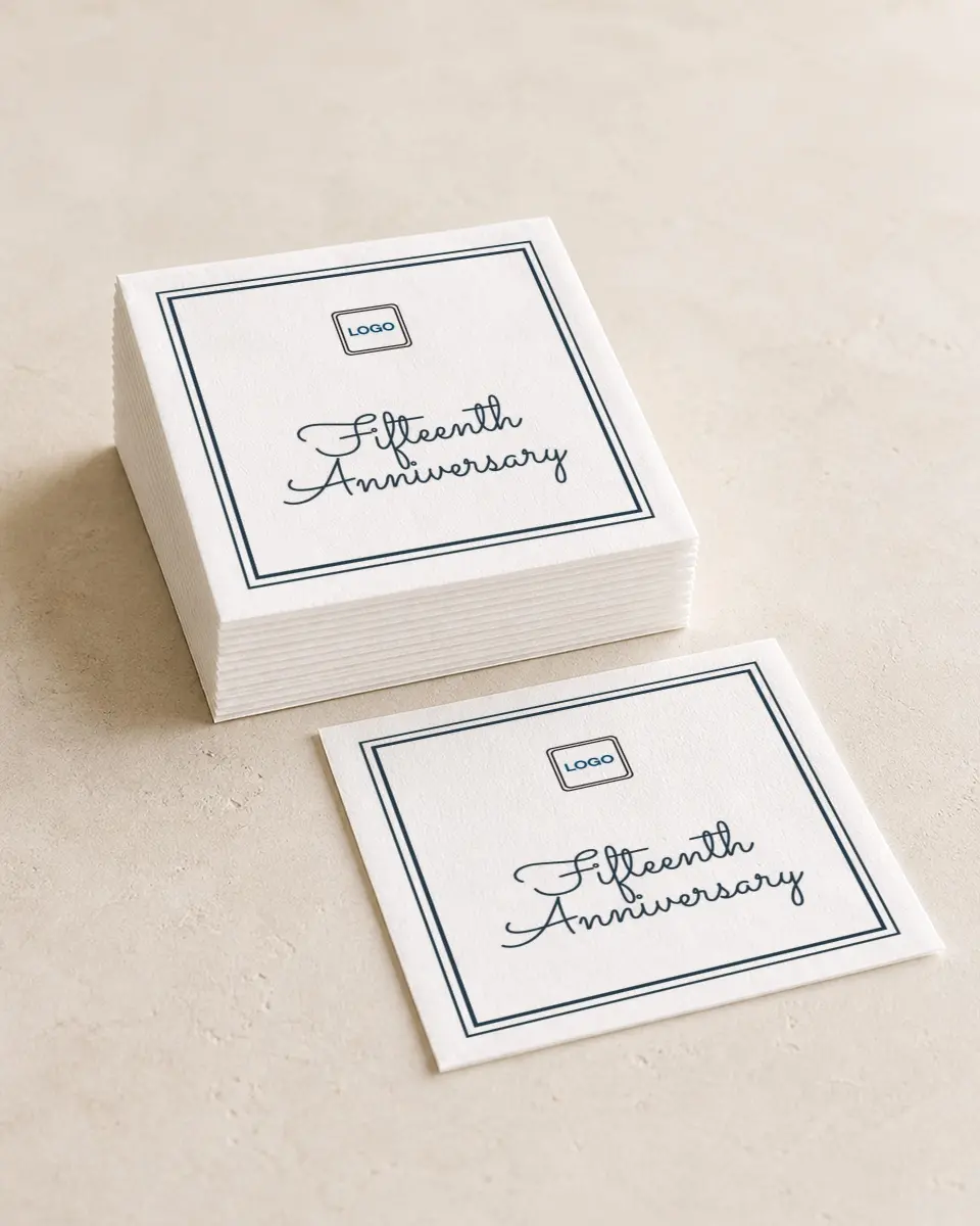 This is a 4¾" x 4¾" Gala Beverage Napkin called Anniversary Luncheon printed in full color