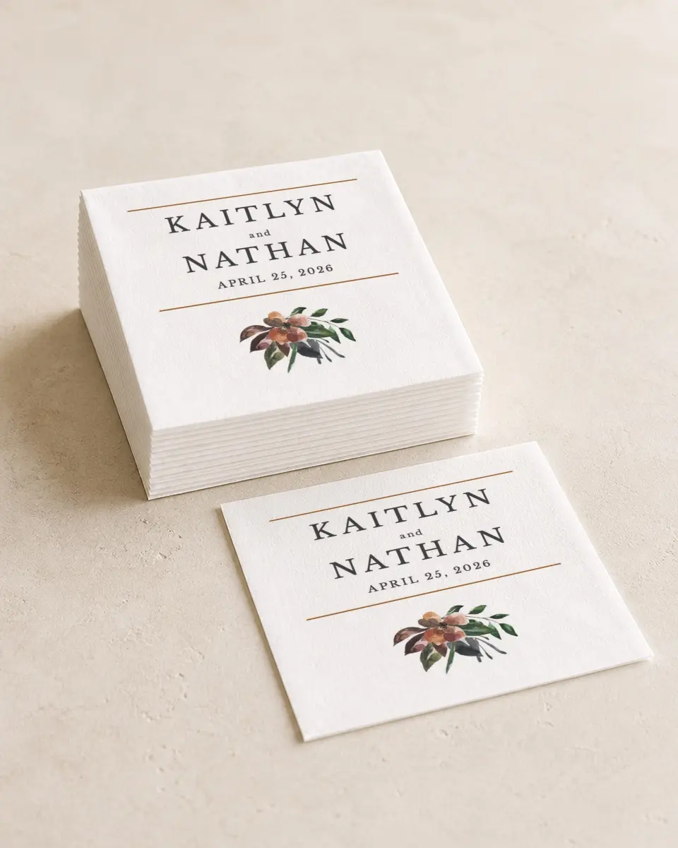 This is a 4¾" x 4¾" Wedding Napkin called Golden Blooms printed in full color