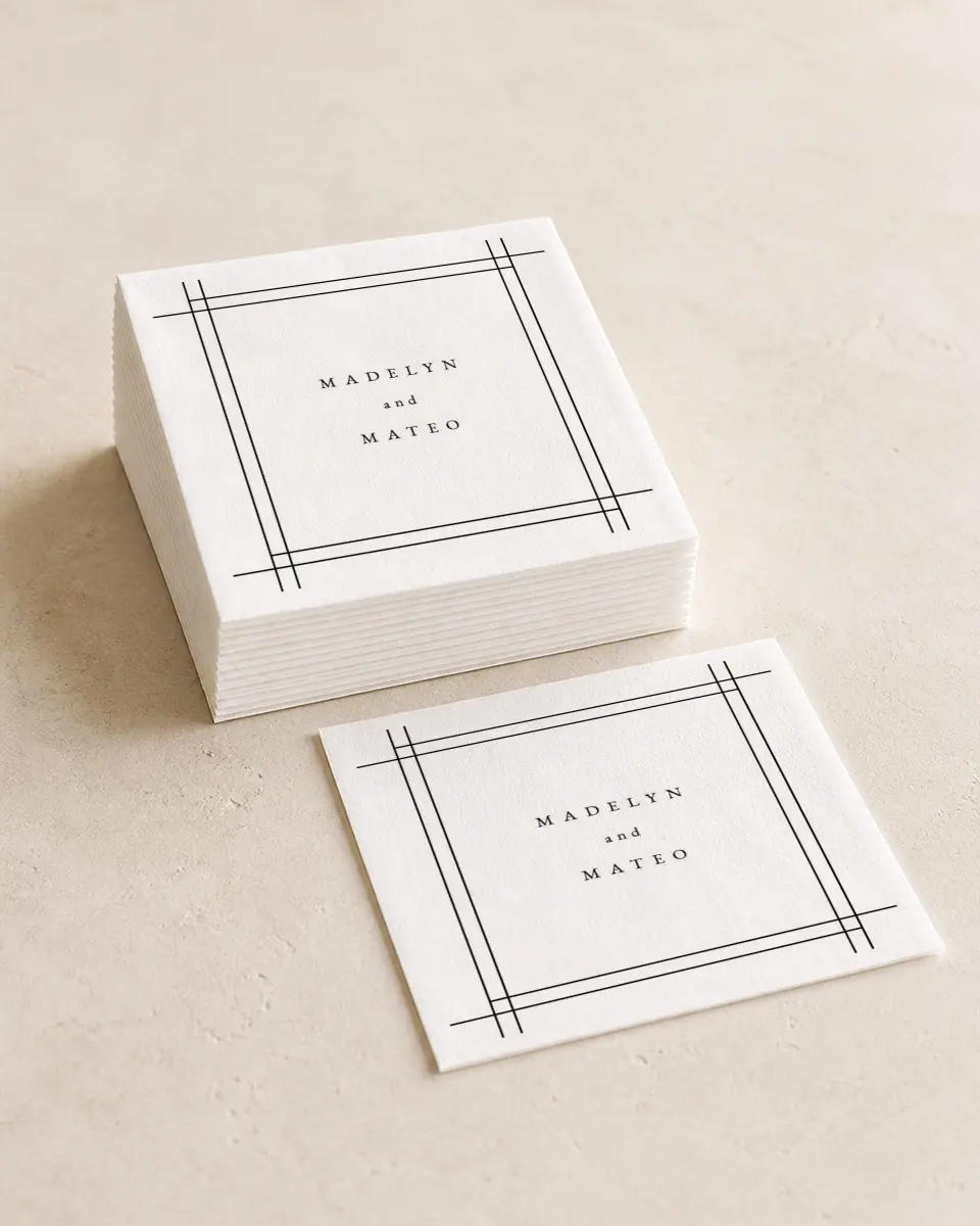 This is a 4¾" x 4¾" Wedding Napkin called Mod Frame printed in full color