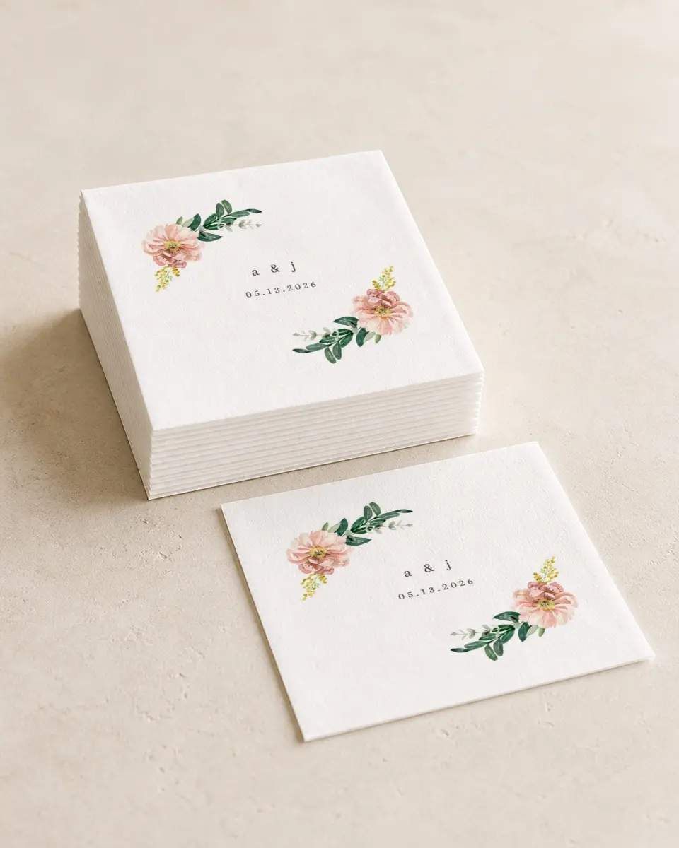 This is a 4¾" x 4¾" Wedding Napkin called Delicate Florals printed in full color