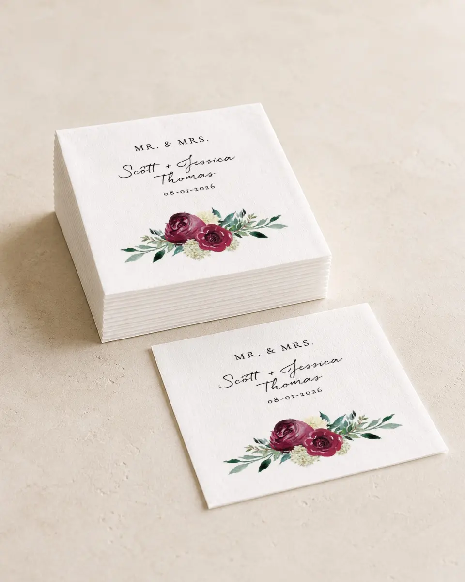 This is a 4¾" x 4¾" Wedding Napkin called Floral Touch printed in full color