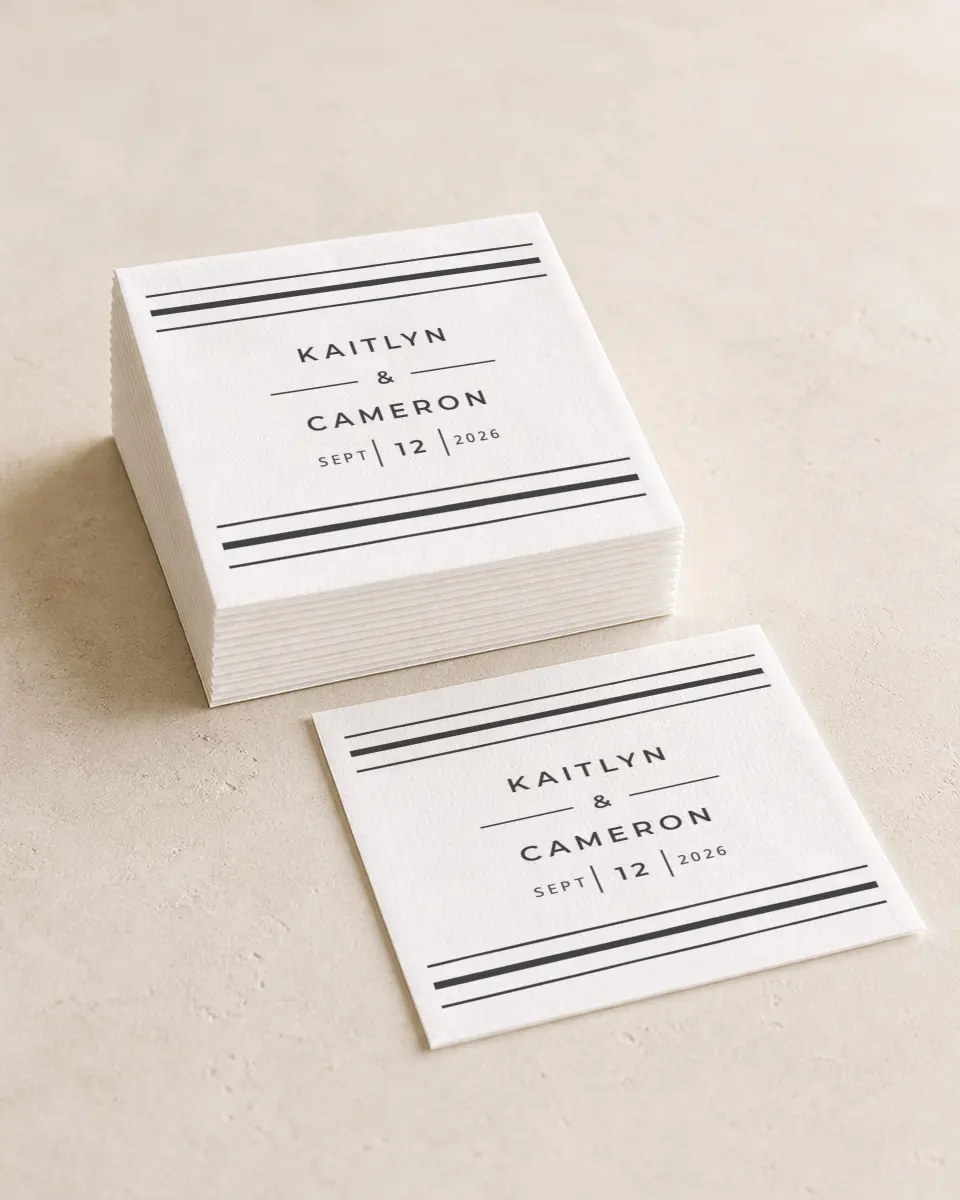 This is a 4¾" x 4¾" Wedding Napkin called Love on the Line printed in full color