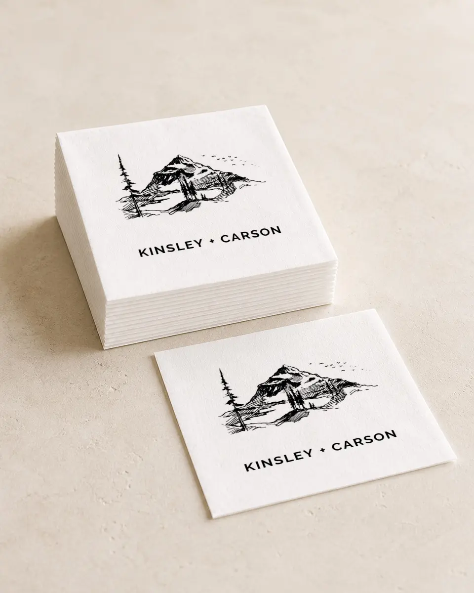 This is a 4¾" x 4¾" Wedding Napkin called Mountain Romance printed in full color