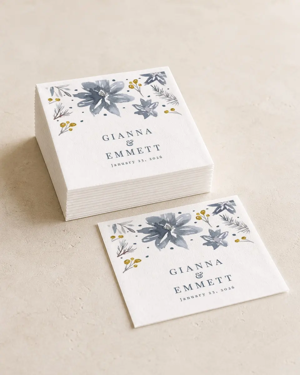 This is a 4¾" x 4¾" Wedding Napkin called Winter Floral printed in full color