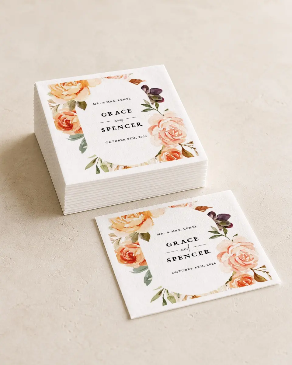 This is a 4¾" x 4¾" Wedding Napkin called Romantic Garden printed in full color