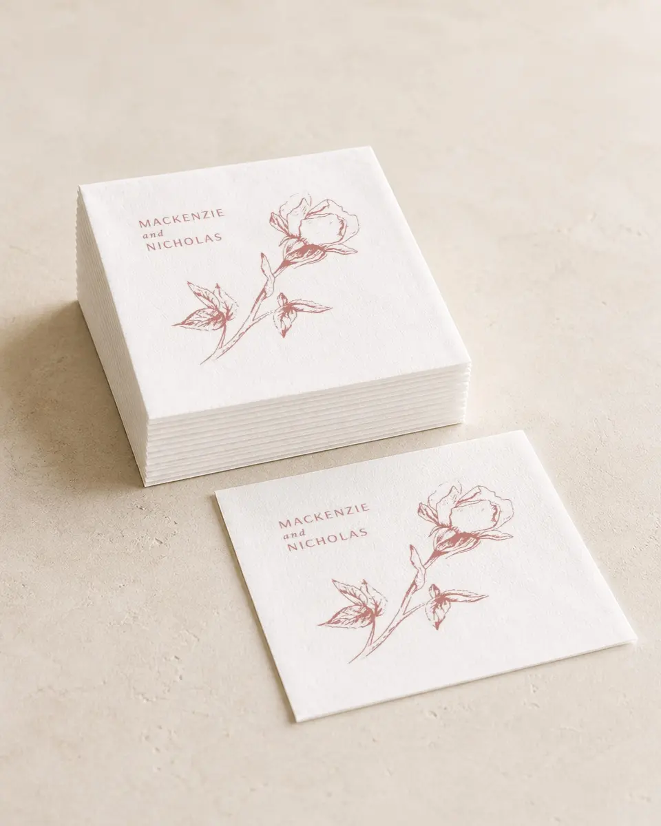 This is a 4¾" x 4¾" Wedding Napkin called Blooming Bud printed in full color