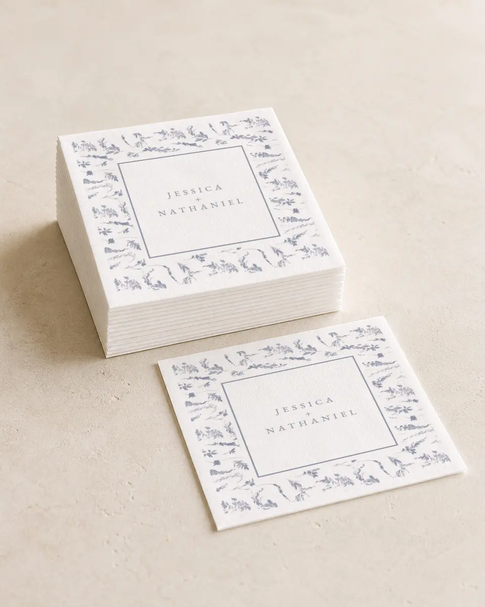 This is a 4¾" x 4¾" Wedding Napkin called Dainty Wreath printed in full color