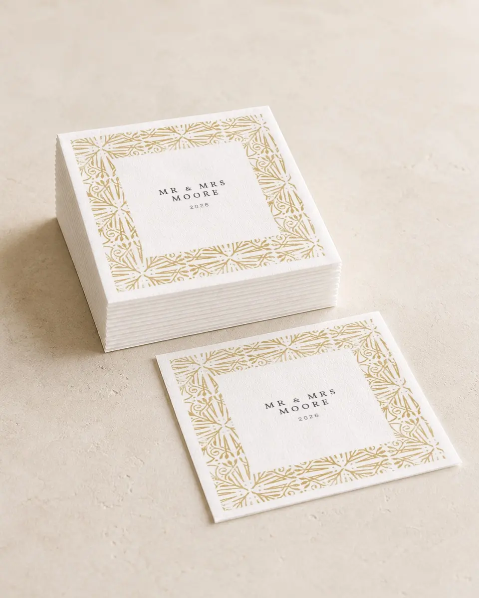 This is a 4¾" x 4¾" Wedding Napkin called Decorated Luxury printed in full color