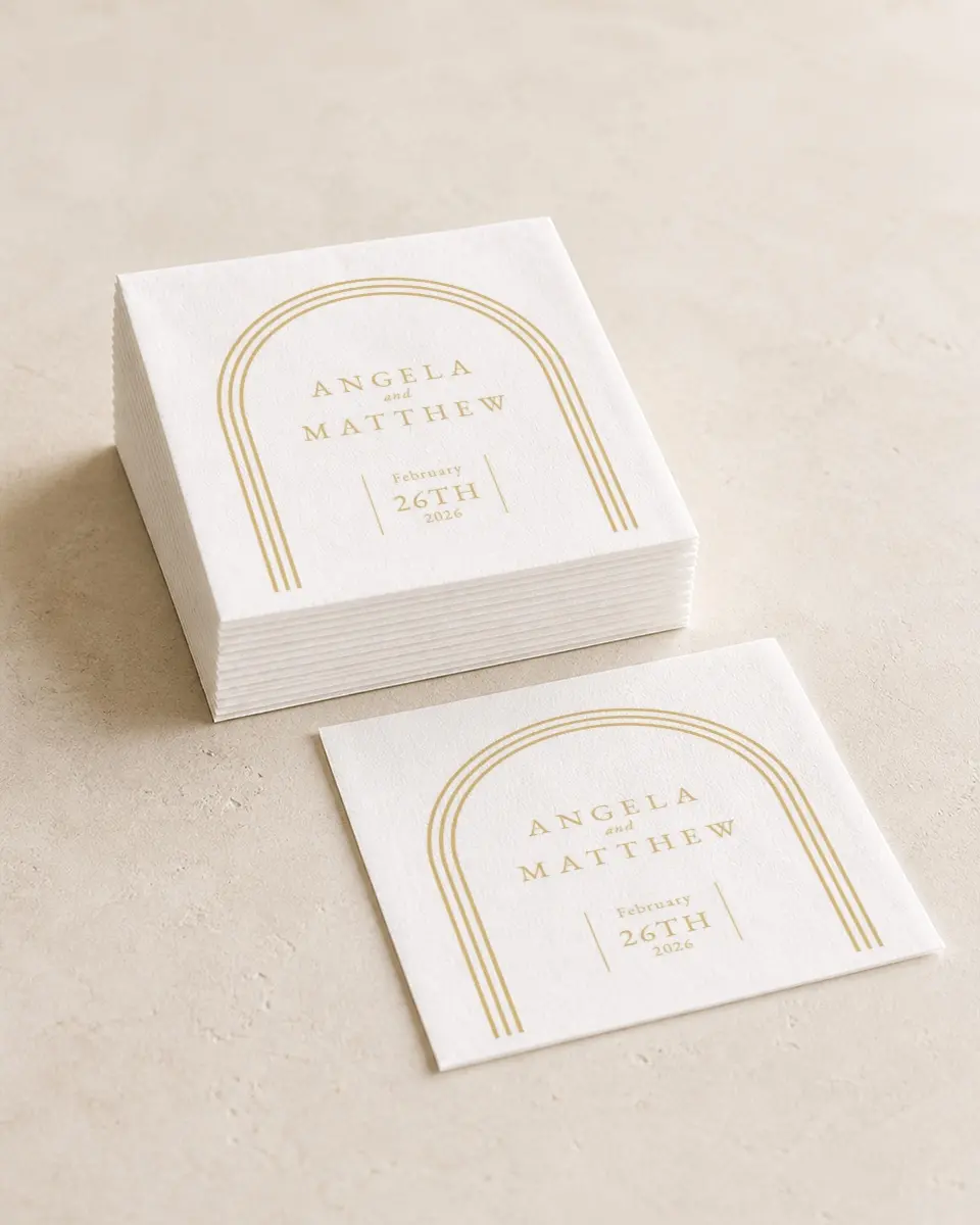 This is a 4¾" x 4¾" Wedding Napkin called Charming Arch printed in full color