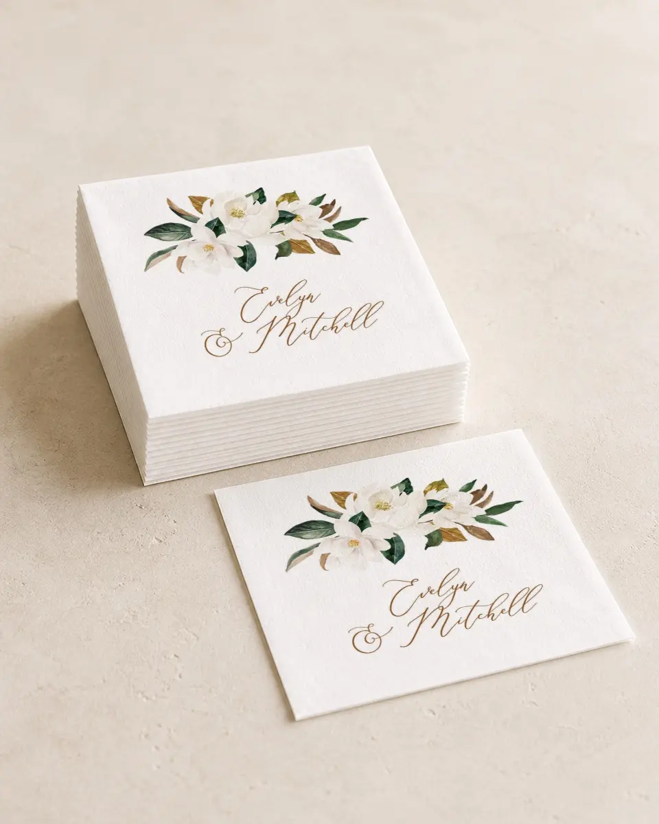This is a 4¾" x 4¾" Wedding Napkin called Soft Magnolia printed in full color