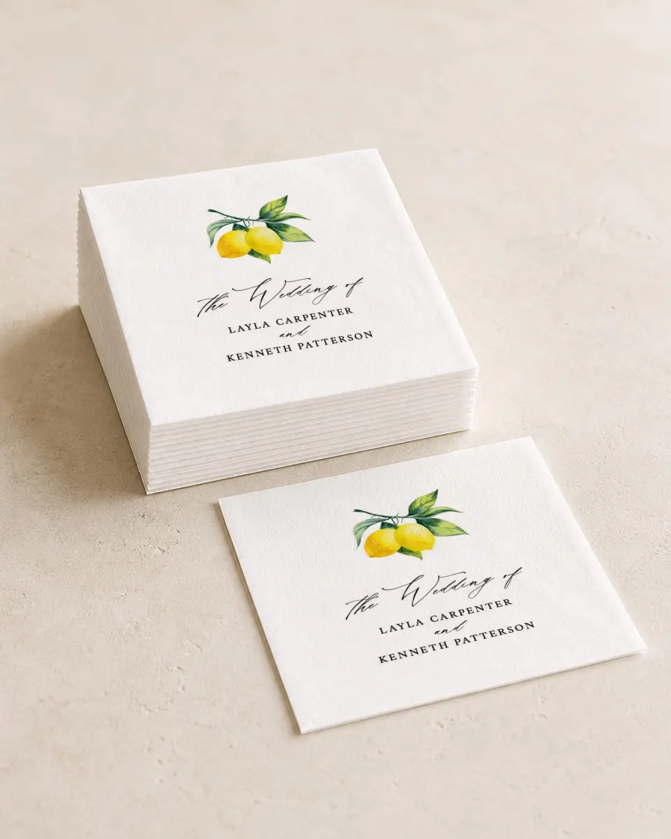 This is a 4¾" x 4¾" Wedding Napkin called Antique Lemon printed in full color