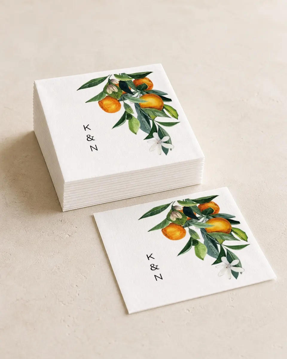 This is a 4¾" x 4¾" Wedding Napkin called Mod Citrus printed in full color