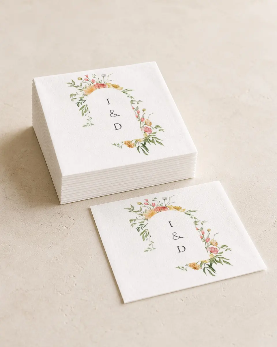This is a 4¾" x 4¾" Wedding Napkin called Secluded Blooms printed in full color