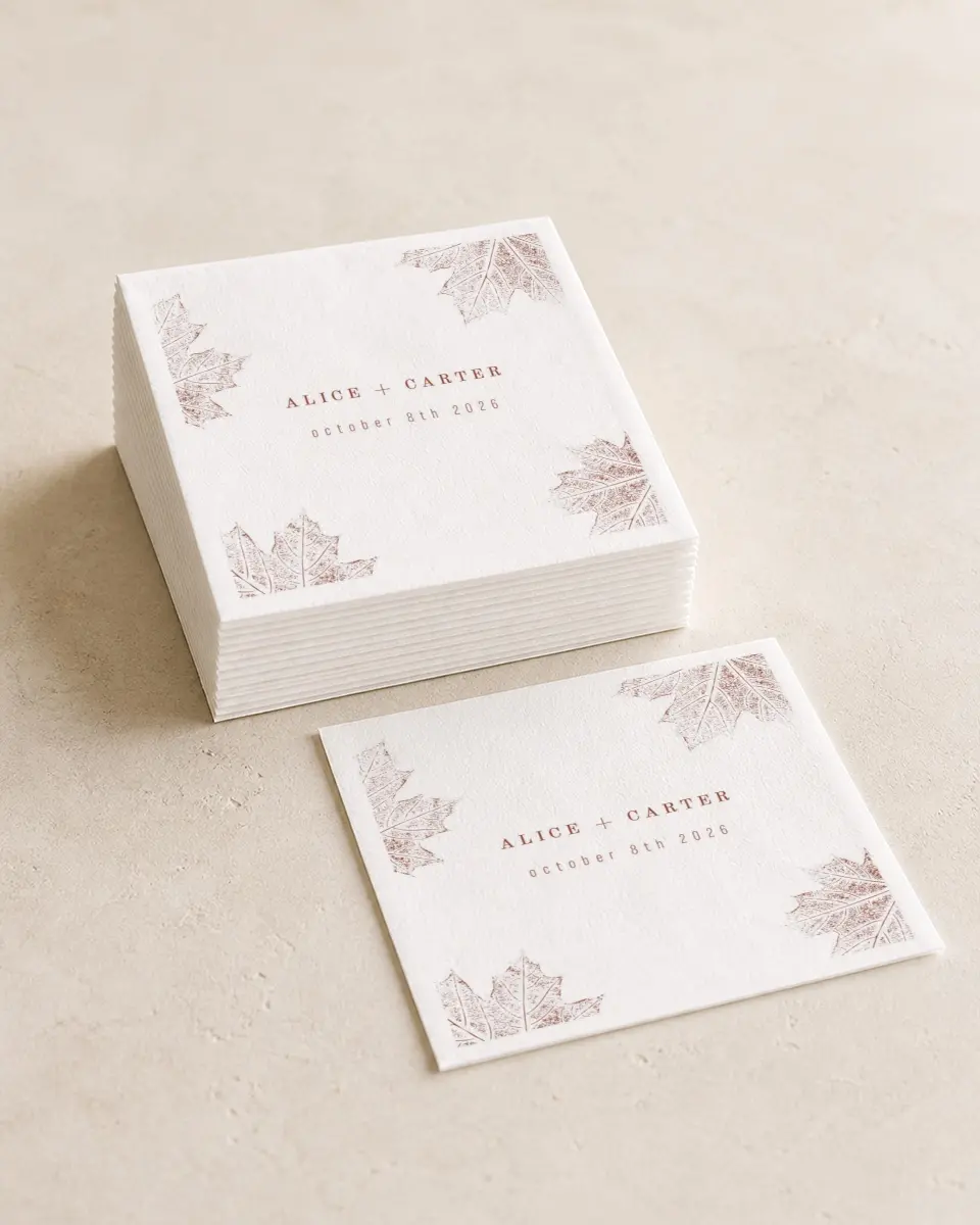 This is a 4¾" x 4¾" Wedding Napkin called Turning Leaves printed in full color