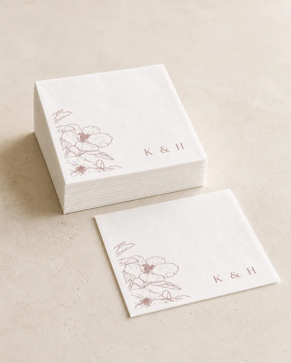 This is a 4¾" x 4¾" Wedding Napkin called The Kinsley printed in full color