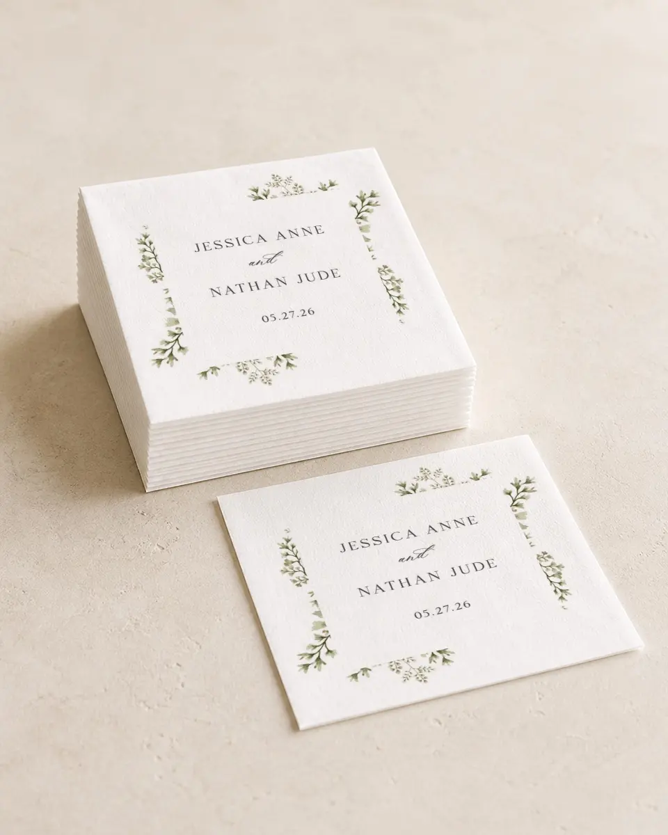 This is a 4¾" x 4¾" Wedding Napkin called Leaves of Love printed in full color