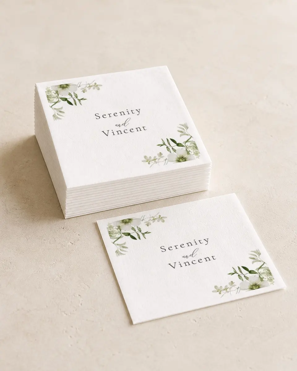 This is a 4¾" x 4¾" Wedding Napkin called Graceful Greenery printed in full color