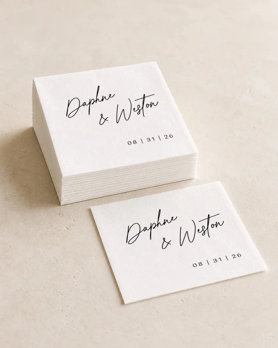 This is a 4¾" x 4¾" Wedding Napkin called Scripted Love printed in full color